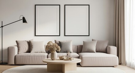 Modern Living Room with Sofa, Coffee Table, and Art Frames