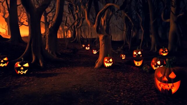 A spooky forest sunset with a haunted evil glowing eyes of Jack O' Lanterns
