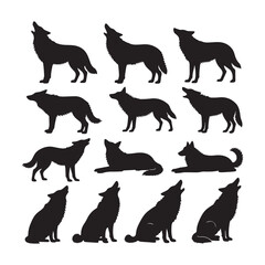 A collection of 12 black and white wolf silhouettes arranged in two rows.