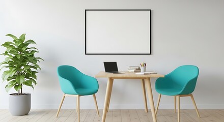Modern minimalist workspace with teal chairs and blank frame