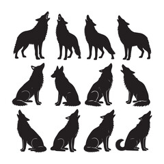 A collection of 12 black and white wolf silhouettes arranged in two rows.