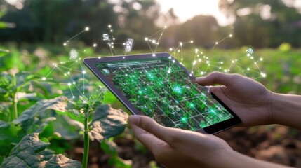 Hands holding tablet with agricultural data