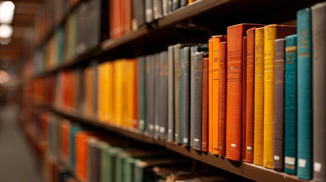 A detailed view of rows of books on a library shelf, representing education and academic resources