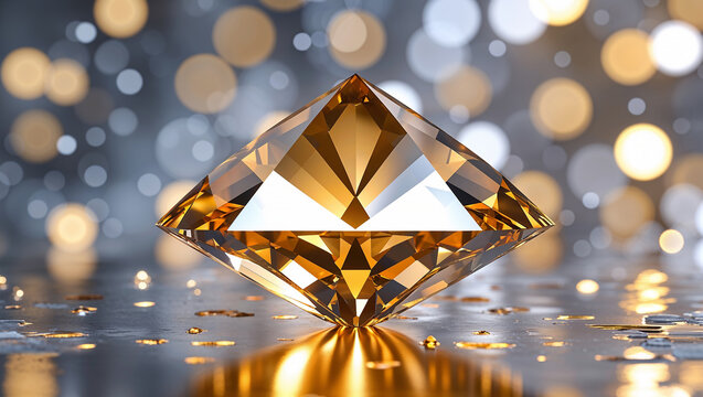 Large sparkling yellow diamond reflecting on metallic surface with bokeh background - Powered by Adobe
