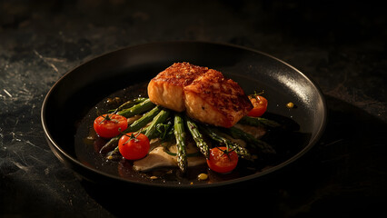 Pan-Seared Salmon with Roasted Asparagus and Cherry Tomatoes, glowing with warm cinematic lighting on a moody black table, Cinematic Mood & Lighting
