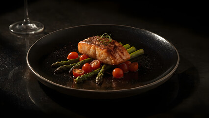 Pan-Seared Salmon with Roasted Asparagus and Cherry Tomatoes, glowing with warm cinematic lighting on a moody black table, Cinematic Mood & Lighting