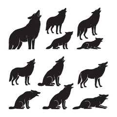 A collection of 12 black and white wolf silhouettes arranged in two rows.