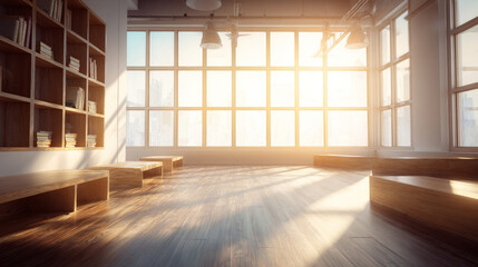 A softly focused image of a well-lit classroom or study room with large windows and modern design elements
