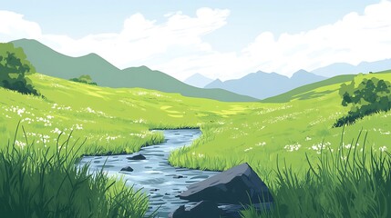 Fototapeta premium Rolling green landscape, mountain, and river: A serene landscape of rolling green fields with a winding river flowing towards distant mountains. The artwork evokes tranquility.