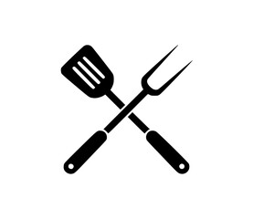 Black silhouette of crossed barbecue fork and spatula