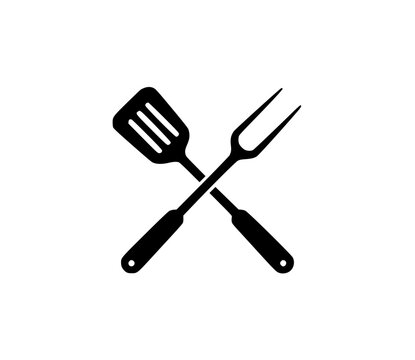 Black silhouette of crossed spatula and barbecue fork