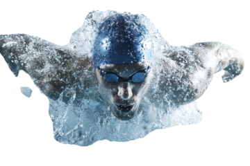 Swimmer glides through water, dynamic action shot.