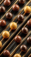 Different varieties of glossy chocolate candies arranged in a sleek and elegant pattern on a dark surface