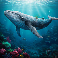 Obraz premium Geometric Whale in Cubist Style: Vibrant Underwater Abstract Illustration in 8K.