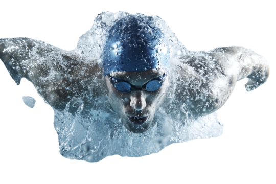 Swimmer glides through water, dynamic action shot.