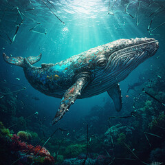 Obraz premium Kaleidoscopic Whale: Abstract Glass Shard Art Reflecting Underwater Light.