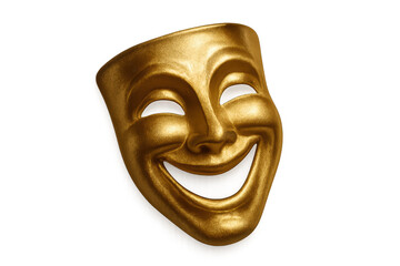 Golden comedy theatrical mask representing happiness is smiling on transparent background