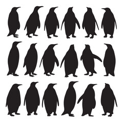 A collection of 16 black silhouettes of penguins Vector Design. 
