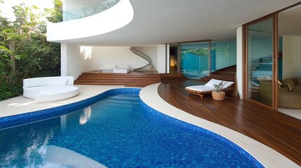 Modern villa exterior with a curved pool and decks. Lush greenery surrounds the structure