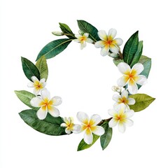 A floral wreath of delicate white and yellow flowers surrounded by lush green leaves