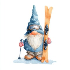 A charming cartoon gnome ready for skiing on snow, dressed warmly in a cozy outfit and holding ski and poles