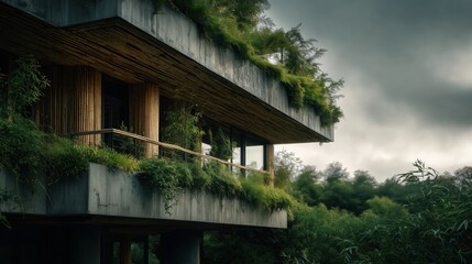 Concrete hybrid home blends harmoniously with lush greenery in a serene natural setting