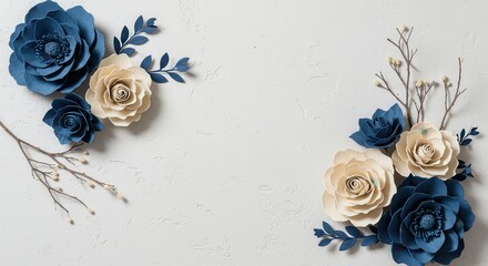 Elegant Blue and Ivory Paper Flowers on Textured White Background – Modern Floral Flat Lay
