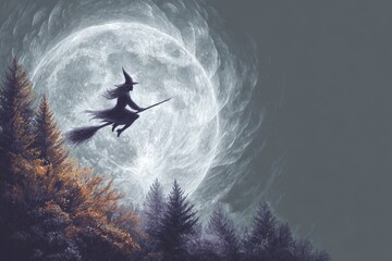 Witch flying on broomstick under full moon, spooky Halloween night, fantasy scene with gothic atmosphere, twilight trees, full moon and dark forest.
