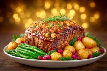Traditional Christmas dinner with roast beef, stuffing, and vegetables, festive holiday feast with elegant presentation, cozy holiday table setting for family celebration.