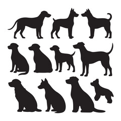 A collection of twelve black silhouette illustrations of dogs arranged in two rows against a white background. 