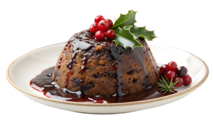 Traditional christmas pudding with rich dark sauce and festive holly berry garnish on a white plate