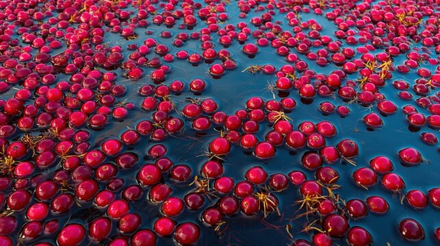 Abstract pattern of floating red berries during cranberry bog harvest flood, agricultural art for food industry visuals or seasonal tradition themes.