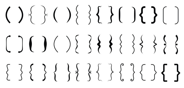 Black bracket set. Vintage speech brackets, line text braces calligraphy symbols. Curly punctuation decorations, decent parenthesis vector kit
