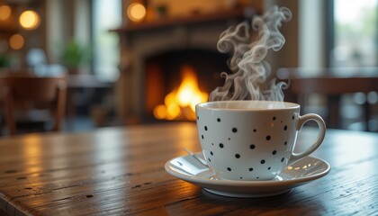 Steaming cup of hot coffee on rustic wooden table with fireplace in cozy cafe interior, warm ambiance, autumn mood, morning comfort drink scene
