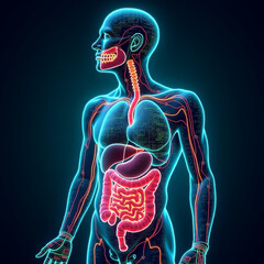 High-tech body scan with highlighted digestive organs and brain activity.
