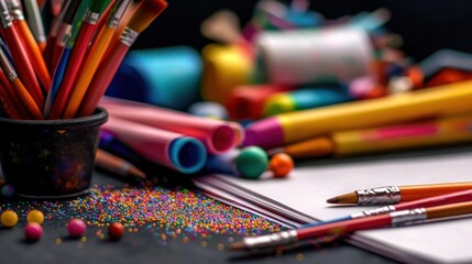 Colorful art supplies on dark surface, creative workspace, vibrant background
