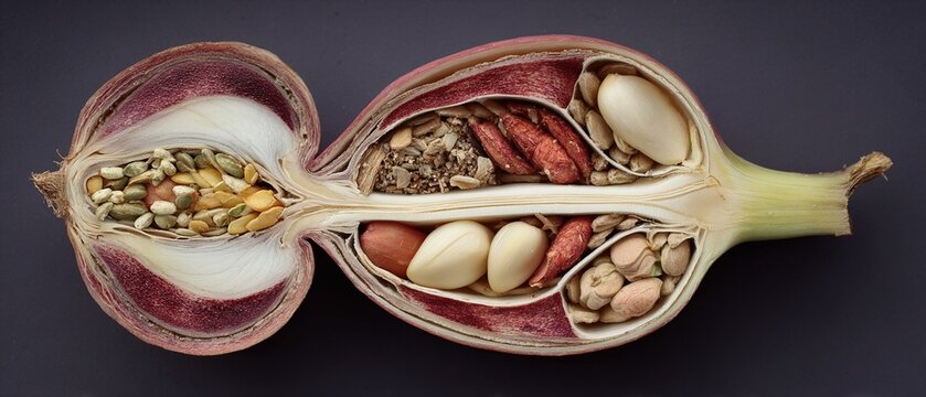 Cross-section of Utah sego lily bulb as pioneer food source, historical botany for survival guides or native plant heritage education materials.