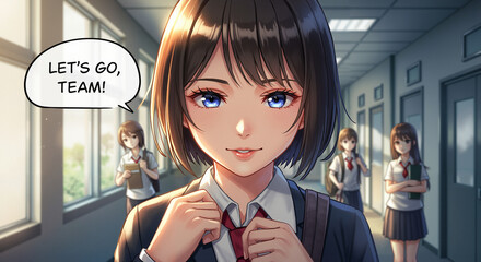 Young girl encouraging teammates in school hallway, concept of Going to School  