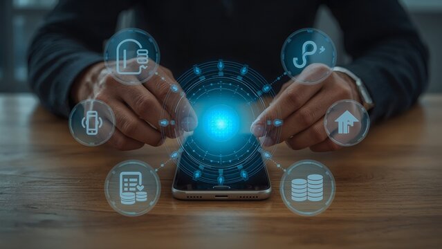 Hands holding a digital wallet card with futuristic payment icons - Powered by Adobe