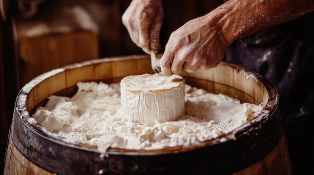 Hands shaping cheese in wooden barrel