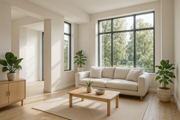 Fototapeta premium Clean modern living room with white sectional sofa and natural decor.