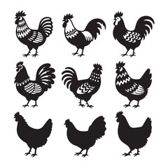 A set of 10 black and white silhouette illustrations of chickens and roosters.