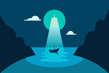 cove bathed in light with boat floating