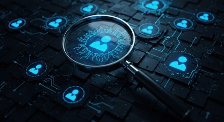 Futuristic Recruitment or Identity Search Concept with Magnifying Glass over Glowing Digital User Icon