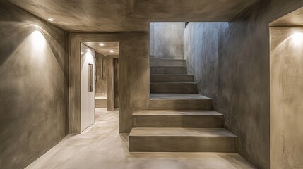 Obraz premium A minimalist interior hallway with concrete walls, a staircase leading upwards, and recessed lighting. The space is serene and subtly textured