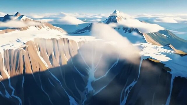 Majestic Mountain Vista: A breathtaking high-angle perspective unveils a colossal mountain range swathed in snow and wispy clouds, highlighting the vastness and raw power of the great outdoors.