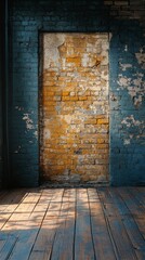Old Brick Wall with Doorway and Wooden Floor in Rustic Interior