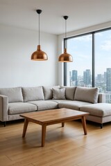 Fototapeta premium Contemporary living room with gray sectional sofa and copper pendant lights overlooking city skyline.