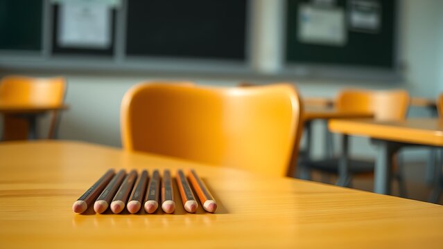 A classroom desk holds neatly arranged sharpened pencils, with soft focus on an empty chair nearby.