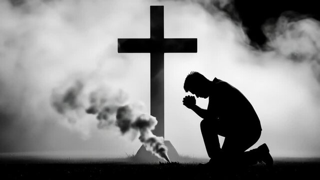 Silhouette of Man Praying Before Cross in Fog - A black and white silhouette of a man kneeling in prayer before a large cross.